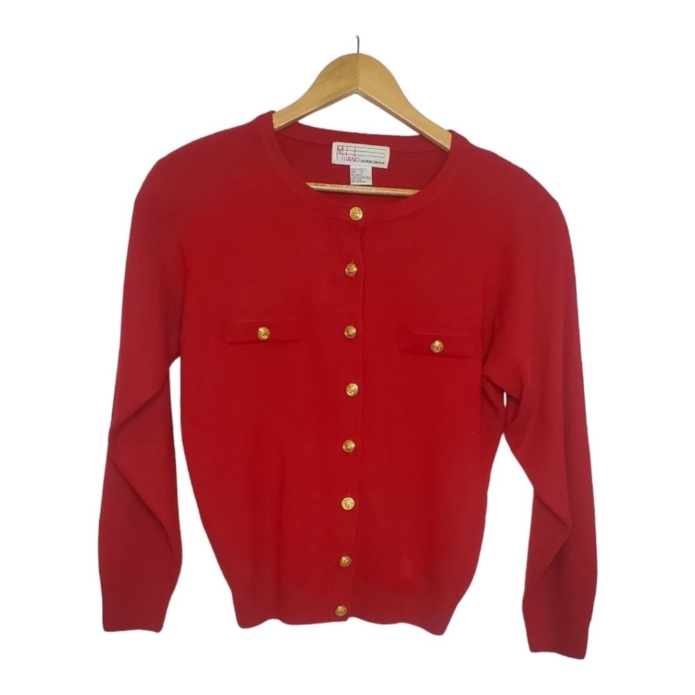 Vintage Milano Design Red Preppy Classic Cherry Red Sweater Cardigan Size Small